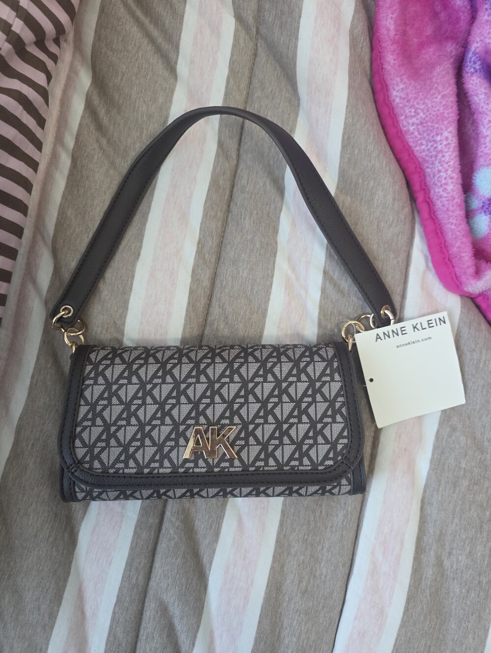 Anne Klein Gray Patterned Mini Shoulder Bag with Gold AK Logo